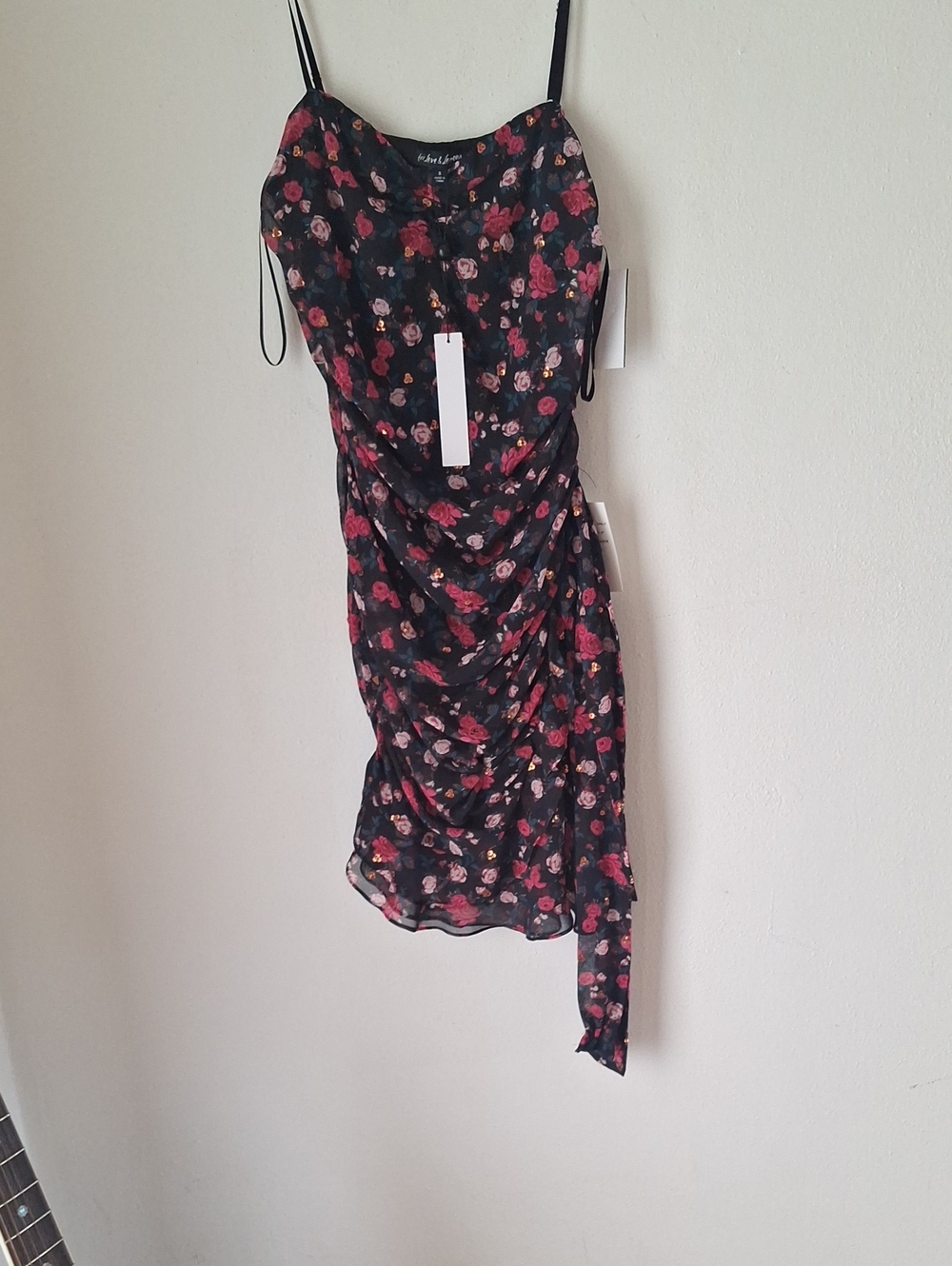 Bloomingdale's Cocktail Dress Black Floral  Dress with Red and Pink Accents Sz S